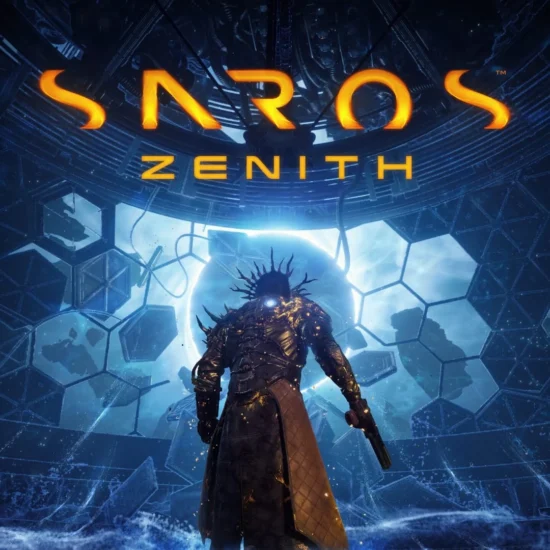 Key art for Saros: Zenith featuring a character facing a large glowing portal in a futuristic environment.