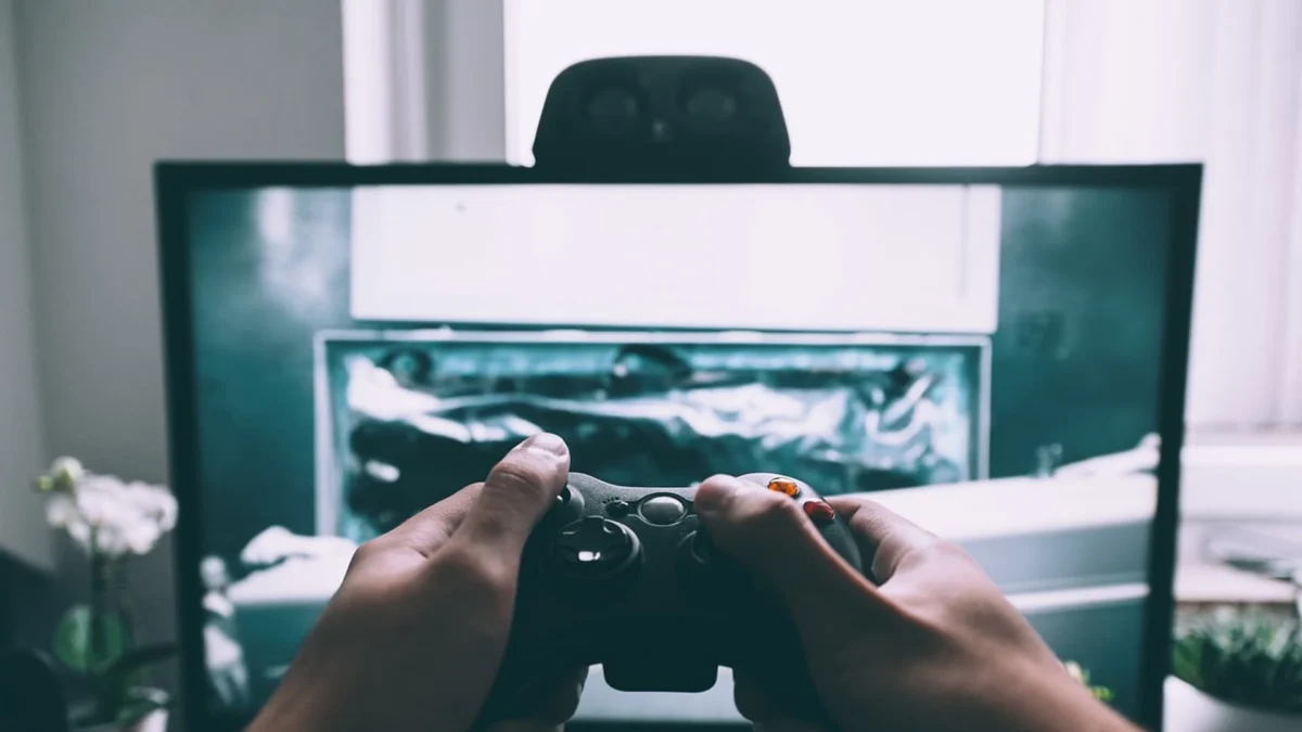 A person holding a video game controller in front of a television screen